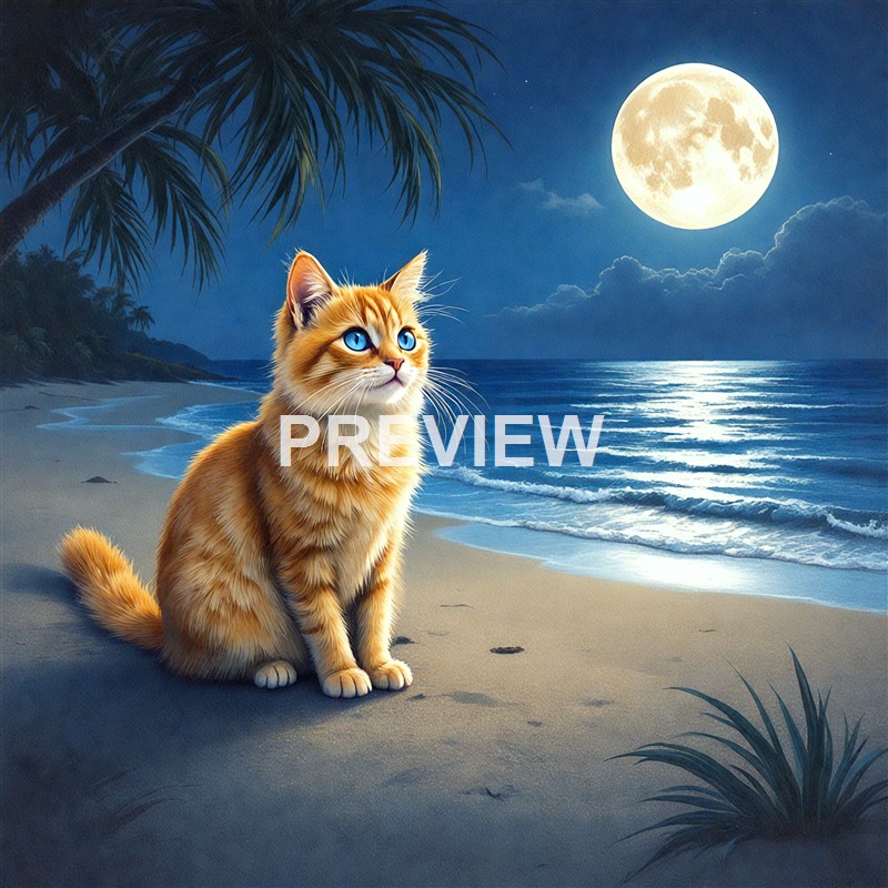 A realistic illustration of a ginger cat with striking blue eyes sitting on a sandy beach under a bright full moon, with palm trees and ocean waves in the background.